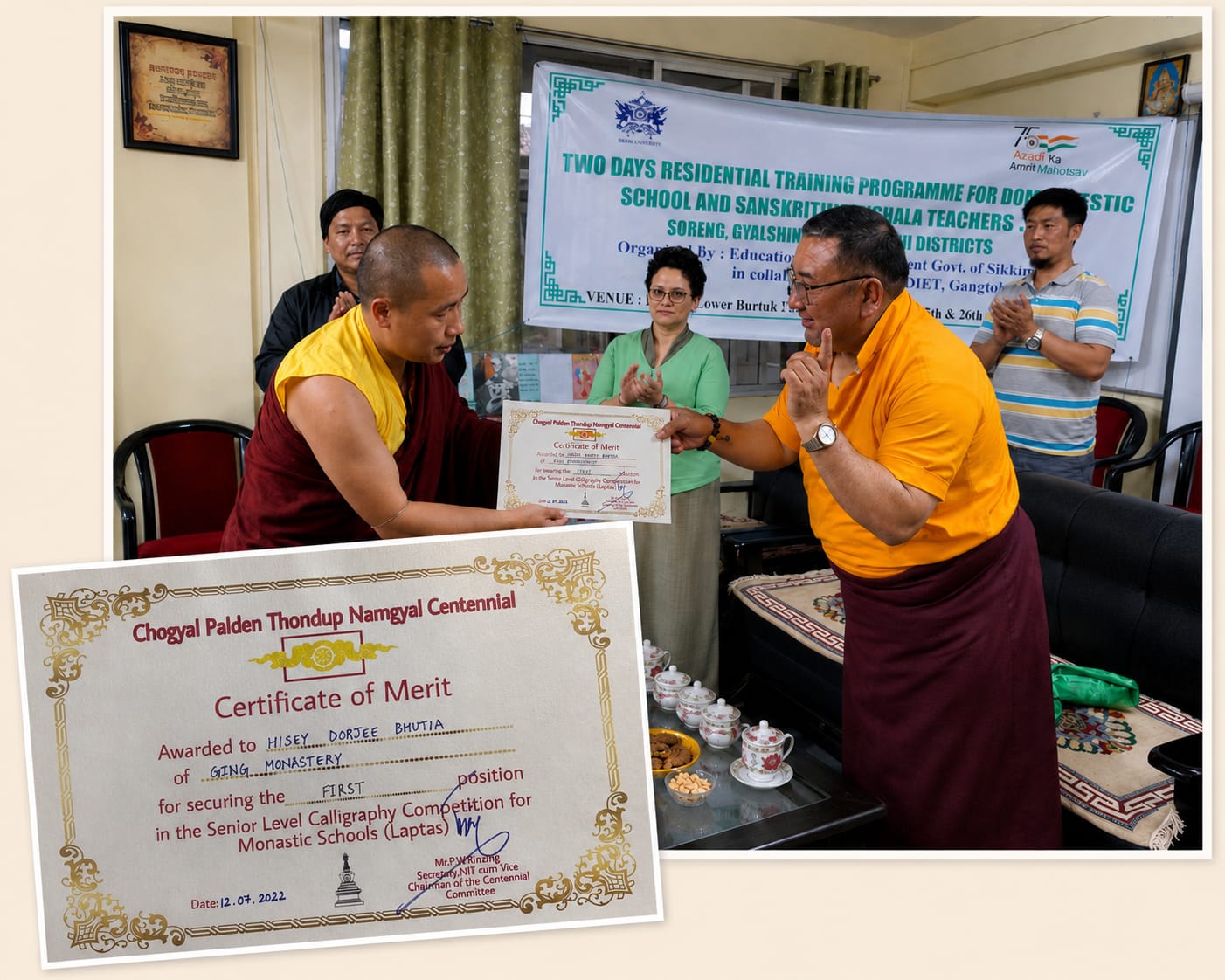 Presentation of monastic calligraphy award to Lopon Yeshey Dorjee Bhutia, April 2022