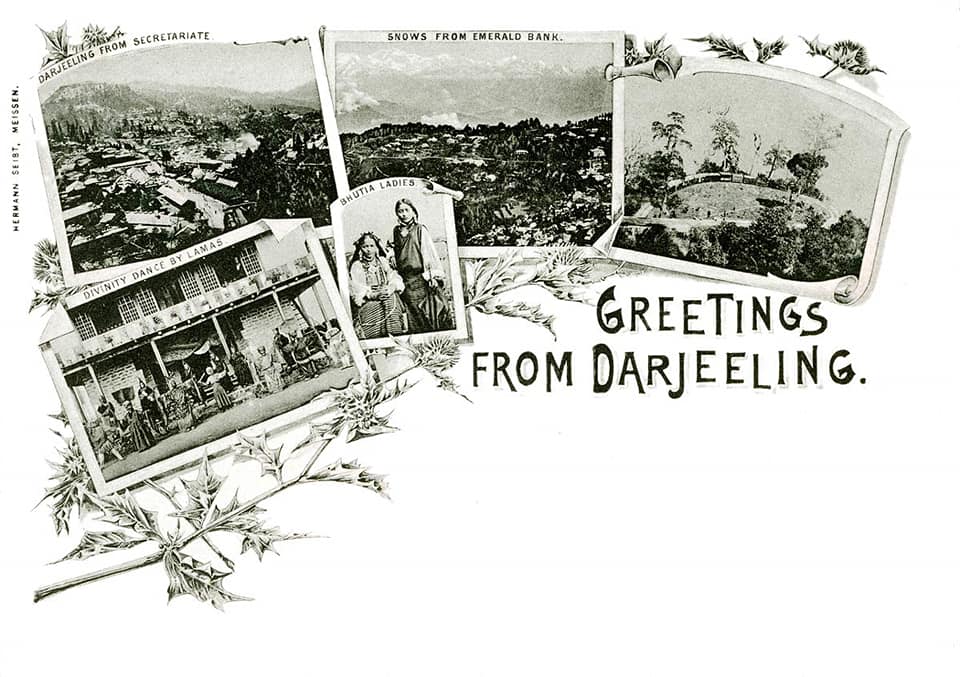 Colonial-era Greetings from Darjeeling print featuring Ging Monastery imagery