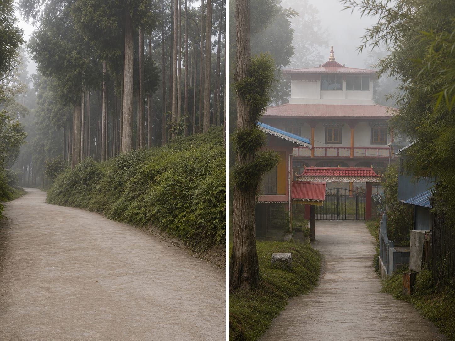 Forest approach road and monastery entrance path leading toward Sangchen Thongdrol Ling (Ging Gompa)