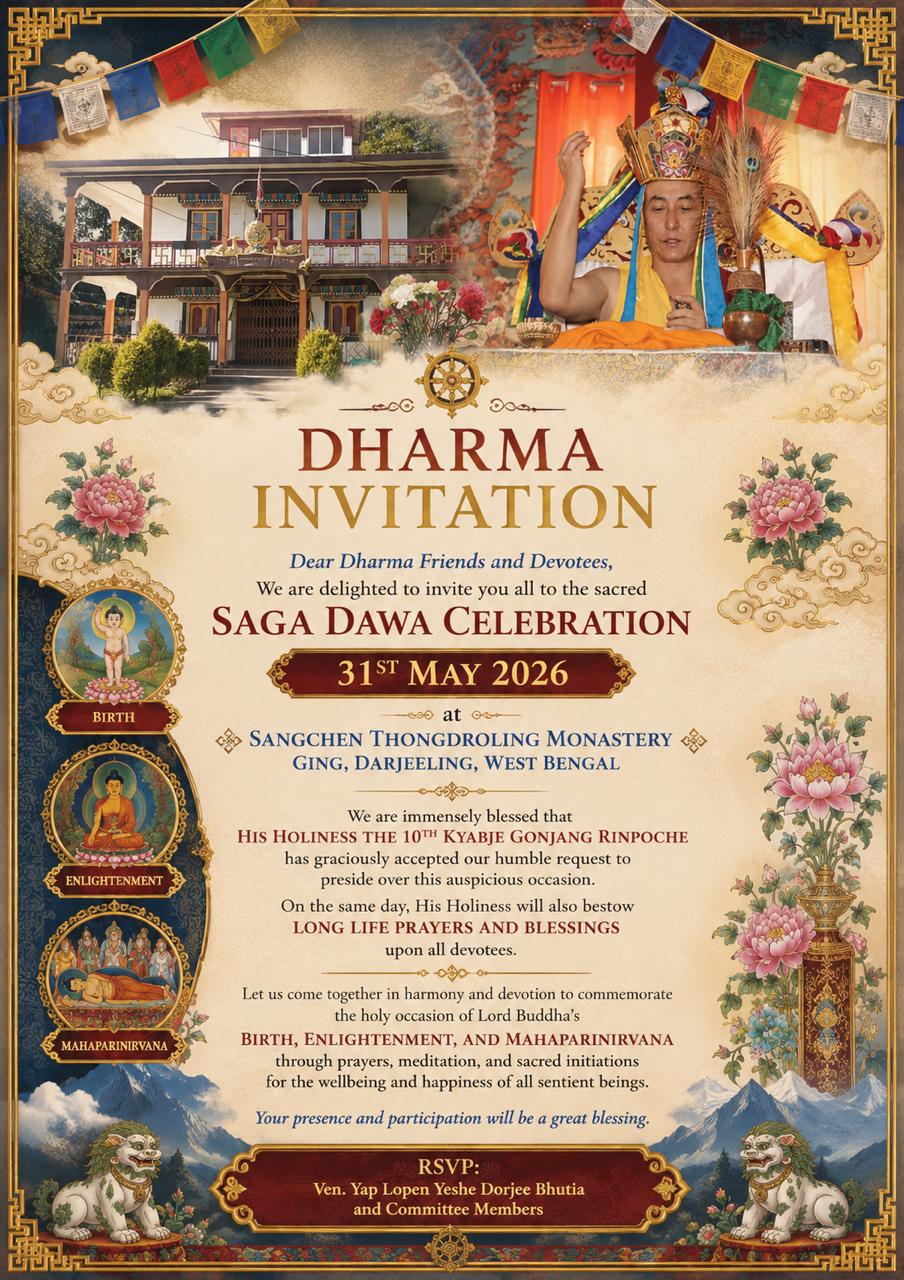 Dharma invitation poster for Saga Dawa Celebration on 31st May 2026 at Sangchen Thongdroling Monastery