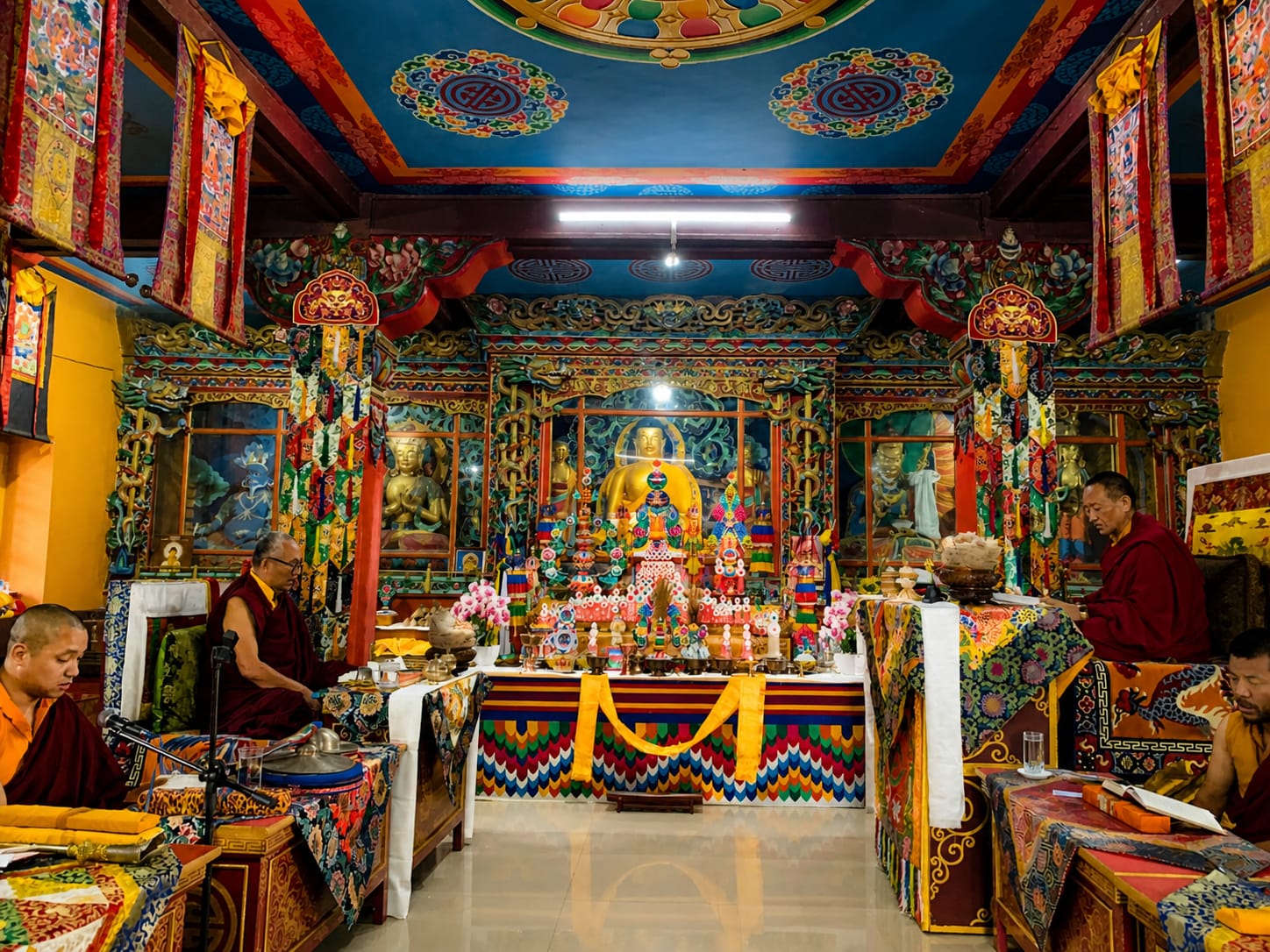 Interior shrine and ritual space within Sangchen Thongdrol Ling (Ging Gompa)